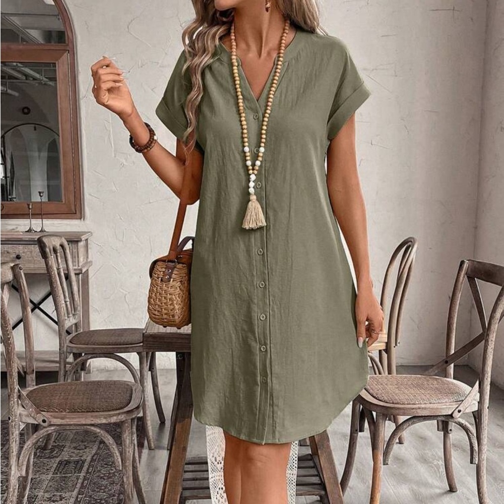 Olive Button-Front V-Neck Linen Dress